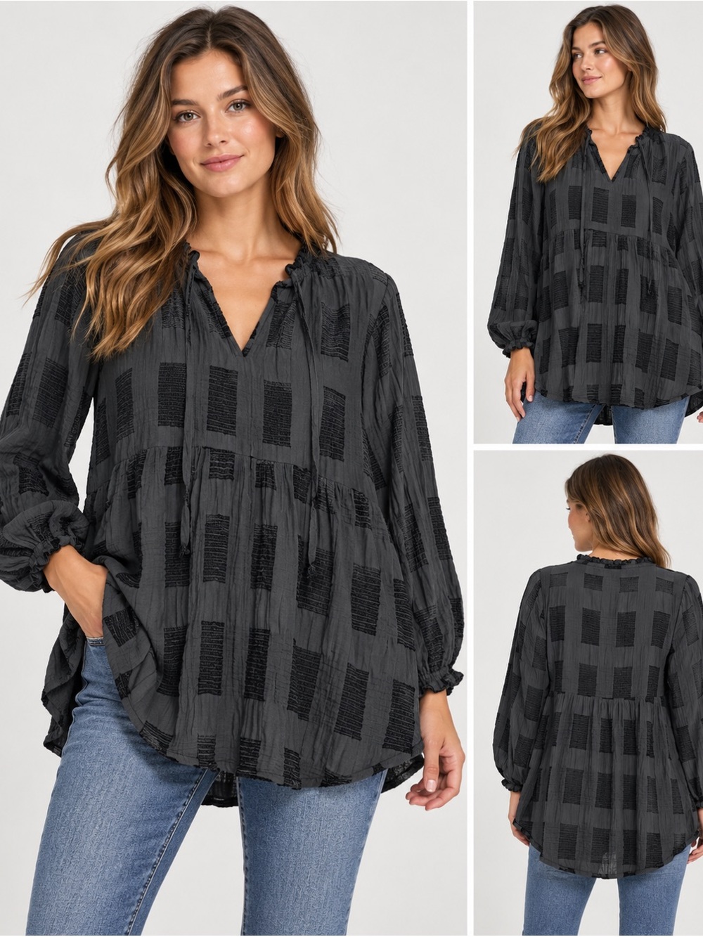 Umgee Women’s S Chenille Babydoll Top Textured Grid Pattern V-Neck Tie Flowy Blk